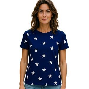 St. Johns Bay Crew Neck Short Sleeve Tee Navy White Womens Size Small Petite